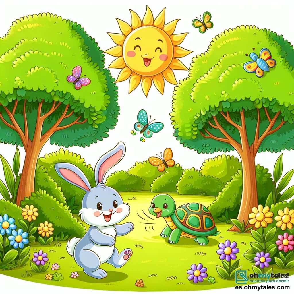 Une illustration sous forme de dessin destinée aux enfants représentant une clairière ensoleillée entourée d'arbres verts, où un petit lapin aux grandes oreilles et à la fourrure blanche saute joyeusement, tandis qu'une tortue au carapace colorée se cache derrière un arbre et un canard aux plumes jaunes se cache dans un buisson, tous trois riant ensemble après une partie de cache-cache amusante, avec des fleurs colorées et des papillons virevoltant autour d'eux.
