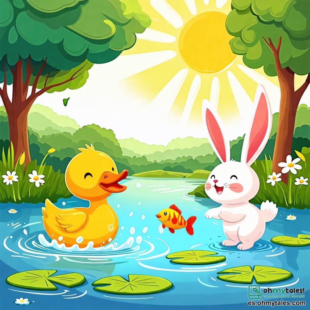 Une illustration sous forme de dessin destinée aux enfants représentant un charmant lac ensoleillé avec des nénuphars flottants et des arbres verdoyants en arrière-plan, où un canard jaune aux plumes brillantes nage joyeusement, éclaboussant l'eau avec ses pattes, tandis qu'un petit lapin aux grandes oreilles blanches se tient sur la rive, riant et encourageant un poisson coloré qui saute hors de l'eau, le tout capturant l'esprit ludique d'une course amicale entre amis animaux.