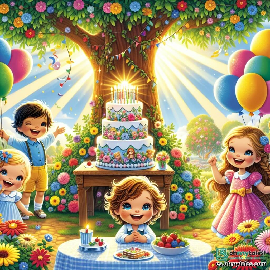 Ilustración que representa un jardín soleado, lleno de flores coloridas con pétalos brillantes de rojo, amarillo y azul. En el centro, un gran árbol con hojas verdes, debajo del cual hay una mesa decorada con un hermoso pastel de cumpleaños, adornado con velas centelleantes. Un niño de un año, con cabello castaño y rizado, sonríe con ojos brillantes de alegría. Lleva una pequeña camisa azul y pantalones amarillos. A su lado, una niña de cinco años, con largas trenzas rubias, lleva un vestido rosa con lunares blancos y una gran sonrisa. Sostiene un globo colorido en su mano. Un niño de cuatro años, con cabello negro y gafas, se esconde detrás del árbol, riendo alegremente. La escena emana una atmósfera festiva, con globos flotando en el aire y amigos reunidos alrededor del pastel, listos para cantar "Feliz cumpleaños". Rayos de sol iluminan el jardín, creando un ambiente mágico y alegre.