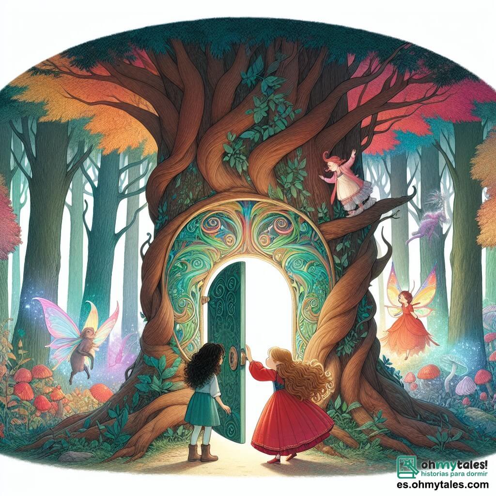 Une illustration destinée aux enfants représentant une jeune fille aux cheveux longs et bouclés, accompagnée d'une nouvelle amie, découvrant une porte secrète dans un immense arbre au cœur d'un bois enchanté, où des créatures magiques dansent parmi les arbres aux couleurs éclatantes.