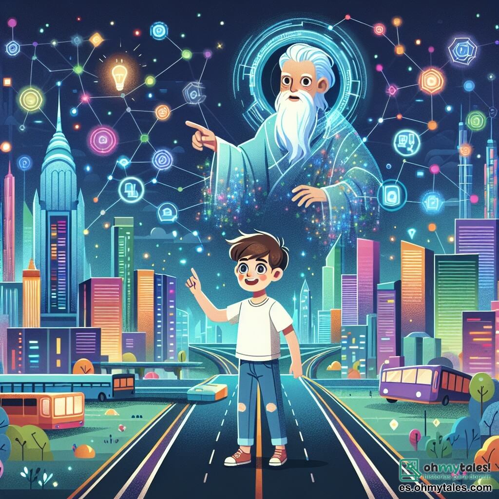 Une illustration destinée aux enfants représentant un garçon curieux et créatif, plongé dans une série de défis technologiques pour sauver la ville futuriste de Cristalópolis, accompagné d'un hologramme ancien sage, dans un environnement urbain brillant de gratte-ciel scintillants et de routes illuminées par des lumières colorées.