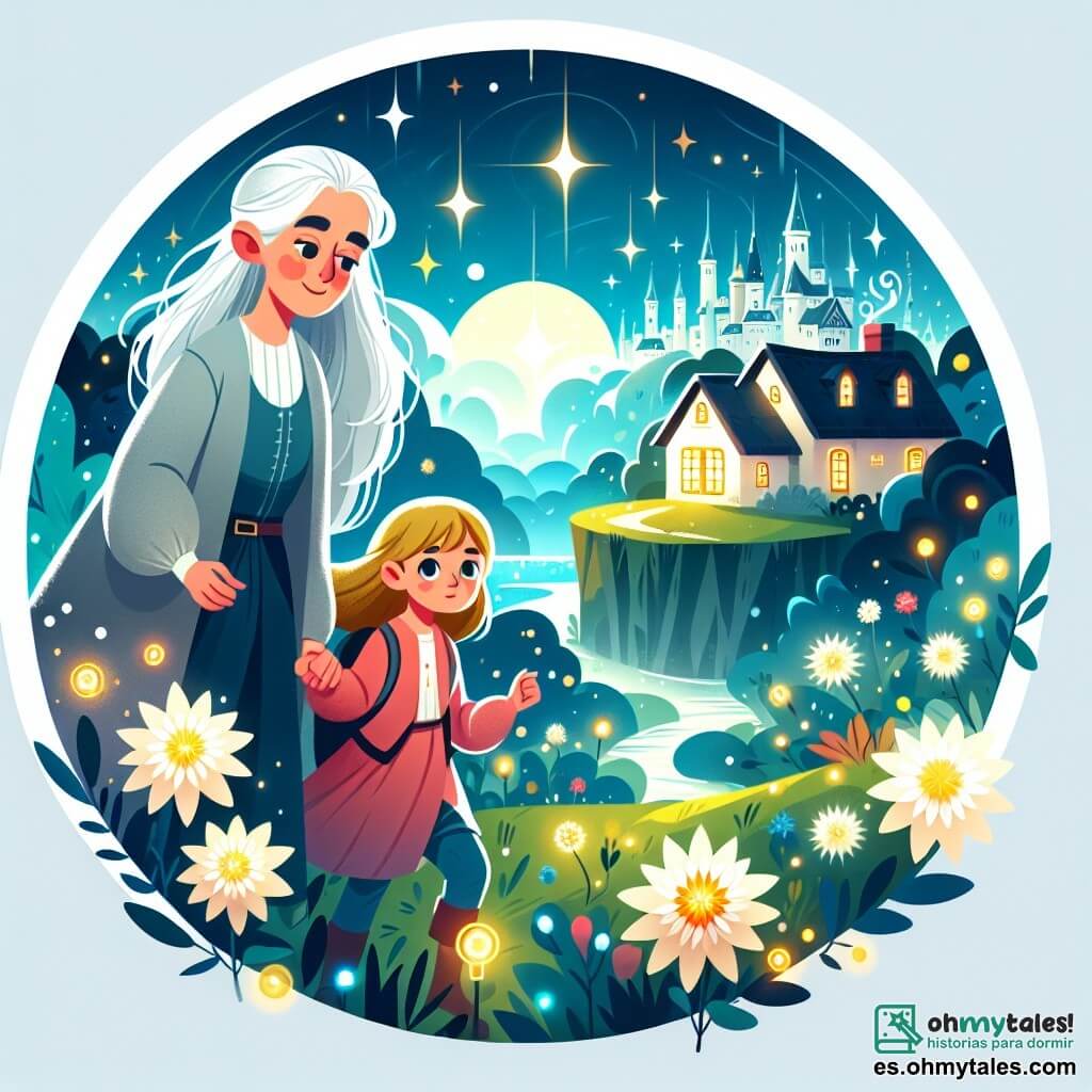 Une illustration destinée aux enfants représentant une femme aux cheveux argentés, une fille explorant un monde enchanté, une maison entourée de fleurs lumineuses et une colline surplombant un royaume magique.