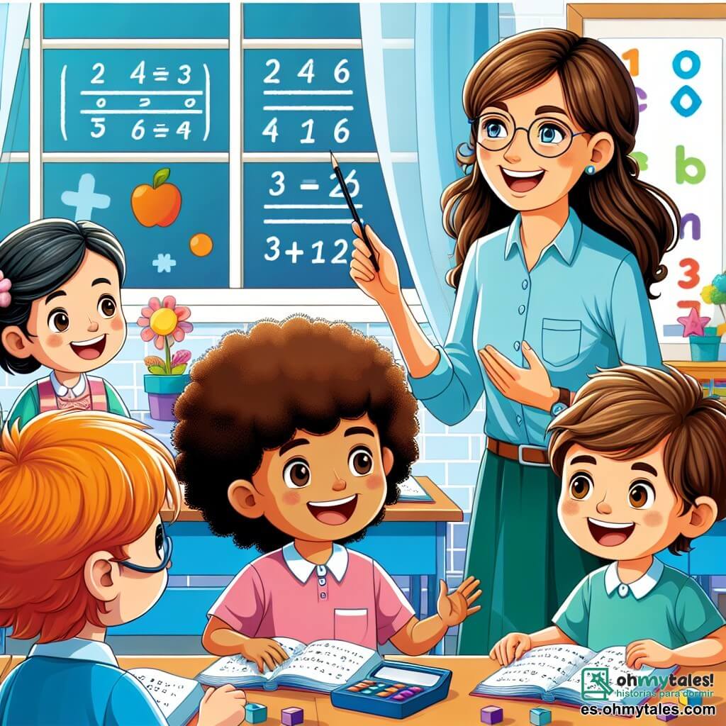 Une illustration destinée aux enfants représentant une institutrice souriante enseignant des mathématiques à ses élèves curieux, accompagnée d'un groupe de trois enfants, deux garçons et une fille, dans une salle de classe colorée et lumineuse de l'école de Villa Alegre.