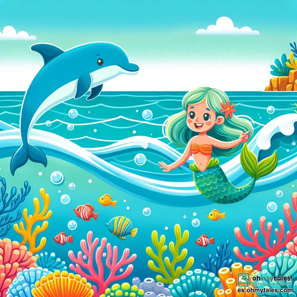Une illustration destinée aux enfants représentant une sirène, nageant joyeusement avec un dauphin dans un magnifique lagon aux eaux turquoise, entouré de coraux colorés et de plantes marines ondulant gracieusement au rythme des vagues scintillantes.