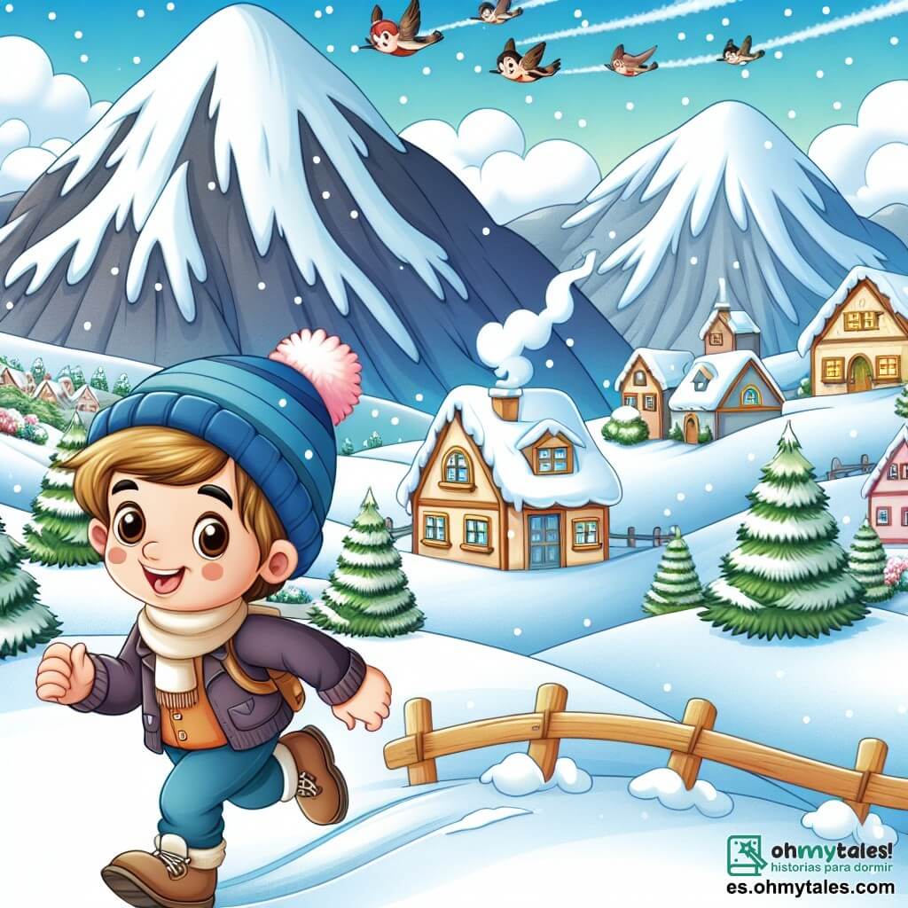 Une illustration destinée aux enfants représentant un jeune garçon plein de curiosité et de joie, vivant de merveilleuses aventures hivernales avec un éventuel ami et entouré d'un petit village pittoresque, niché au cœur des montagnes enneigées.