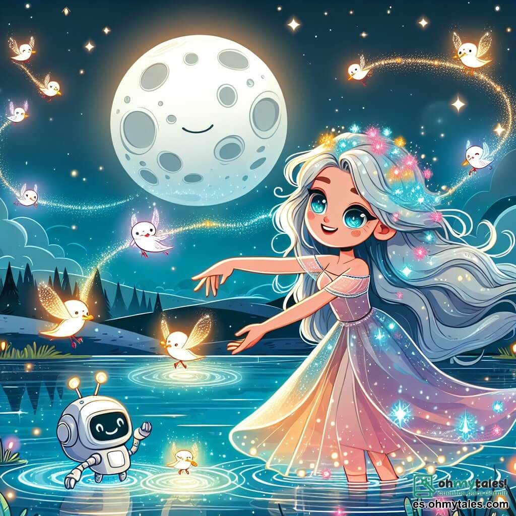 Une illustration sous forme de dessin destinée aux enfants représentant un clair de lune magique sur le planète Luminara, où une femme aux cheveux argentés et aux yeux brillants comme des étoiles danse gracieusement au bord d'un lac scintillant, entourée de petits oiseaux lumineux qui volent en cercles autour d'elle, tandis qu'un robot flottant, avec des lumières clignotantes, observe avec curiosité, capturant l'instant où la magie du cosmos se dévoile et où la gardienne de ce monde enchanteur enseigne à la voyageuse comment écouter les mélodies de l'univers.