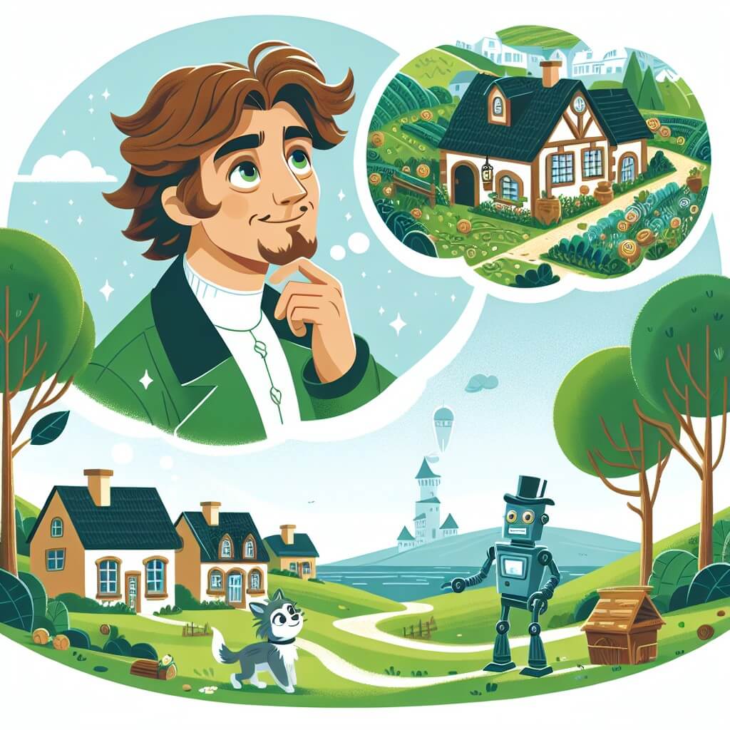 Une illustration destinée aux enfants représentant un homme aux cheveux ébouriffés et aux yeux pétillants, qui rêve de devenir inventeur, accompagné de son fidèle robot, dans un petit village entouré de collines verdoyantes et d'un magnifique bosquet rempli de trésors cachés.