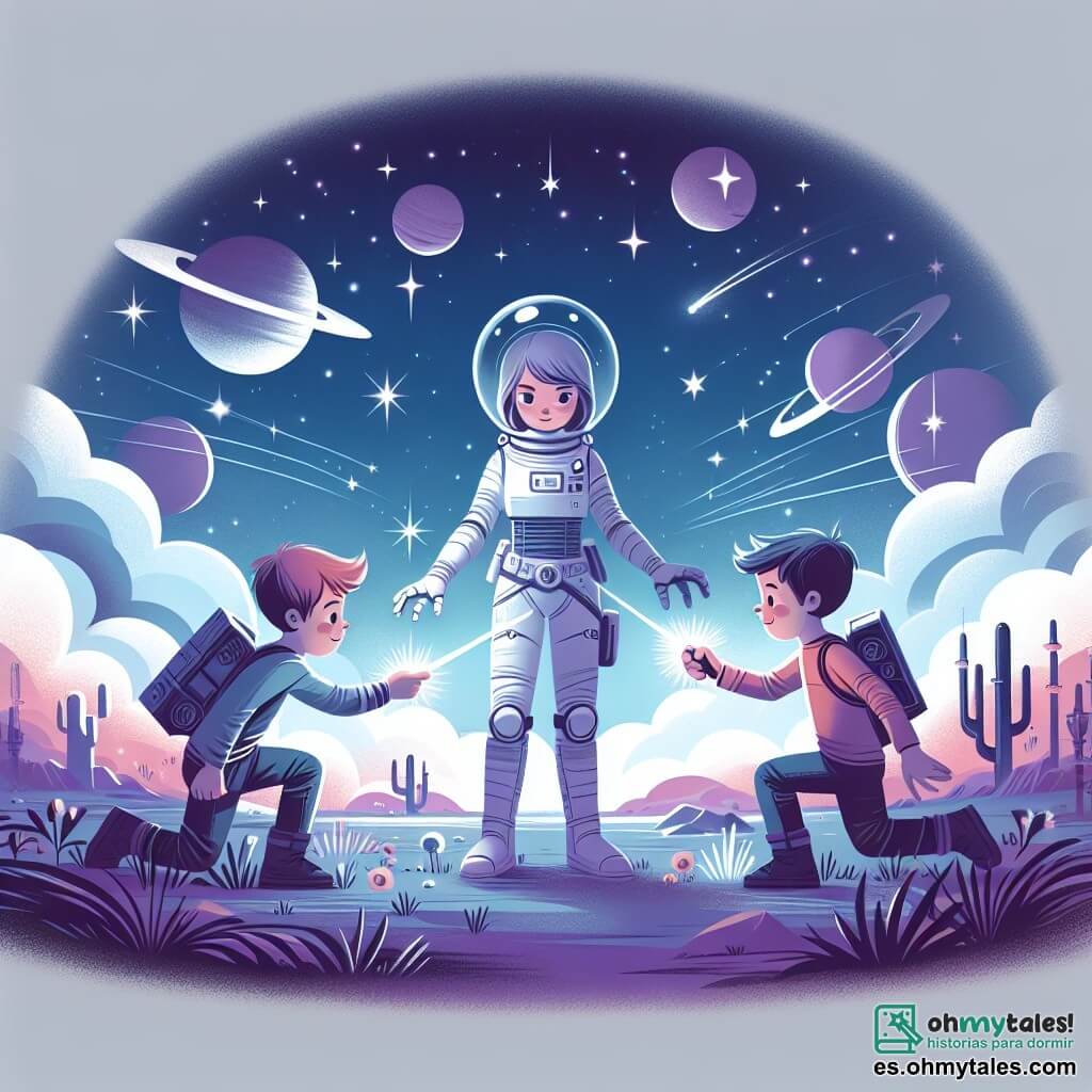 Une illustration destinée aux enfants représentant une jeune astronaute fille, courageuse et curieuse, tentant d'unir deux extraterrestres garçons en pleine guerre sur un planète lointaine aux paysages violets et argentés, illuminée par des étoiles scintillantes.