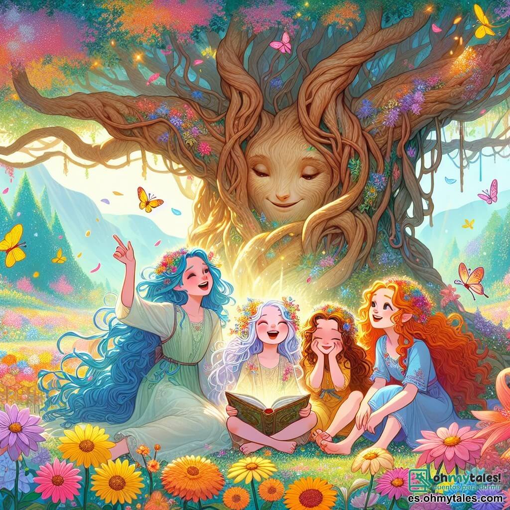Ilustración que representa un jardín mágico, lleno de flores brillantes de colores vivos, con árboles de troncos retorcidos que parecen susurrar secretos. En el centro, un gran árbol antiguo con un rostro amigable, cuyas ramas se extienden como brazos protectores. En esta escena, cuatro chicas están juntas: la primera, con cabello largo y ondulado de color azul, lleva un vestido ligero y sonríe dulcemente; la segunda, con cabello corto y brillante como el sol, está llena de energía y gesticula alegremente; la tercera, con cabello rizado de un naranja brillante, irradia calor y luz; finalmente, la cuarta, con cabello rosa, tiene una expresión suave y soñadora, sosteniendo un libro abierto en sus manos. Las cuatro amigas están sentadas a la sombra del árbol, rodeadas de flores centelleantes, compartiendo risas y sueños, mientras una suave brisa hace danzar los pétalos a su alrededor. Mariposas coloridas vuelan, añadiendo un toque de magia a la atmósfera. Al fondo, montañas de colores pastel se dibujan bajo un cielo azul claro, creando un entorno encantador para esta escena de camaradería y descubrimiento.