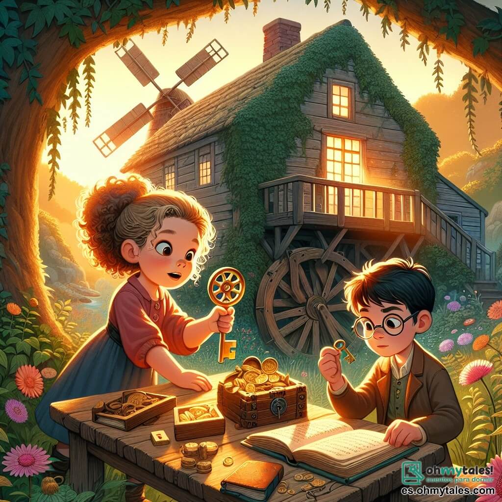 Une illustration sous forme de dessin destinée aux enfants représentant un vieux moulin en bois recouvert de lierre, baigné par la lumière dorée du soleil couchant, avec une fille de 11 ans aux cheveux bouclés et à la grande curiosité, tenant une clé dorée dans sa main, tandis qu'un garçon aux lunettes et à l'air déterminé observe un vieux livre ouvert sur une table, tous deux plongés dans une enquête palpitante pour découvrir un trésor caché, entourés de fleurs sauvages et d'objets mystérieux.