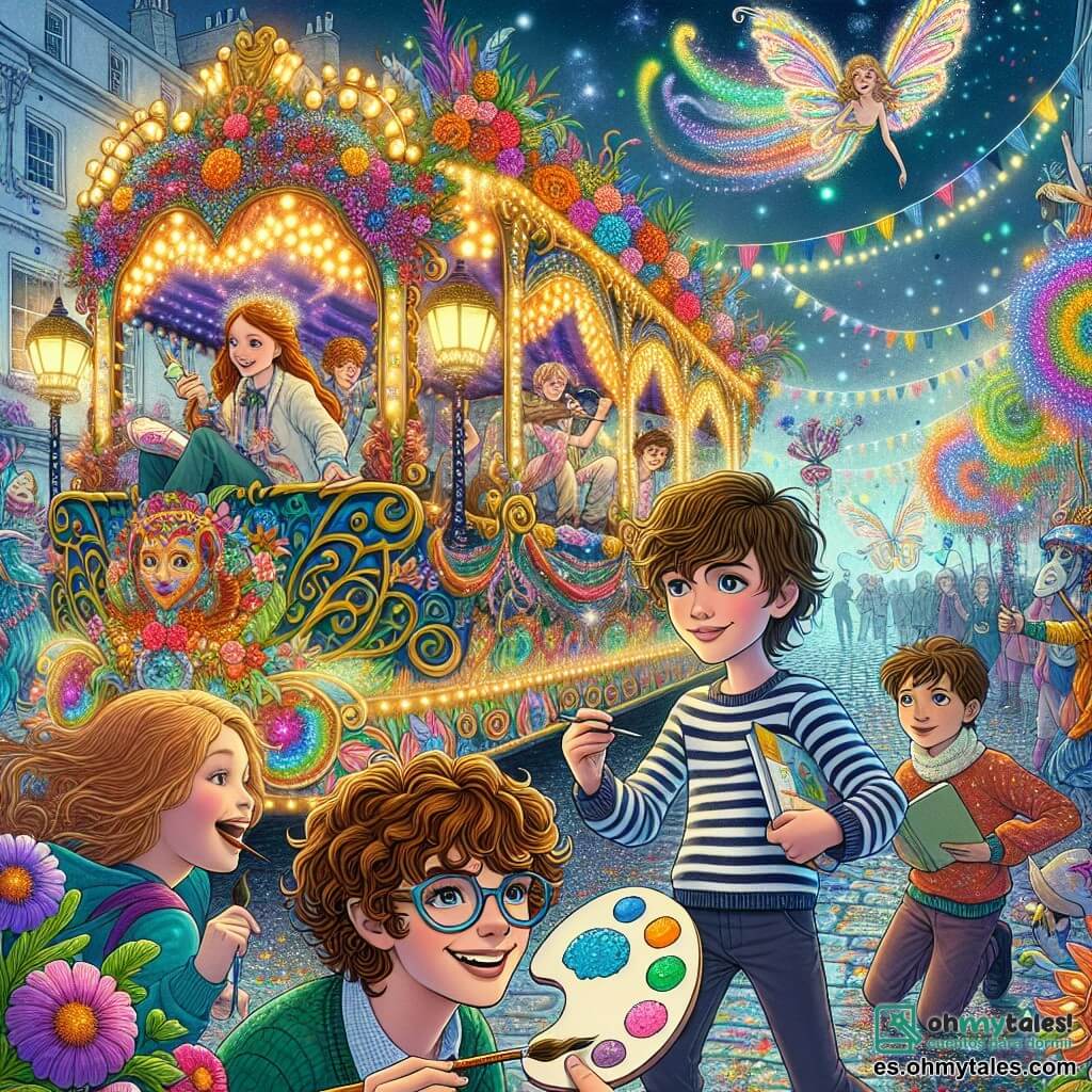 Ilustración que representa un carnaval mágico vibrante de colores, con luces centelleantes y decoraciones llamativas. En el centro, un gran carro de carnaval, adornado con flores multicolores y motivos de ensueño, avanza majestuosamente por una calle empedrada, rodeado de criaturas fantásticas. Un niño de doce años, con cabello rizado y una sonrisa radiante, se encuentra en el carro, sosteniendo una paleta de pintura y pinceles, listo para añadir su toque creativo. A su lado, una niña de doce años, con largos cabellos castaños y ojos chispeantes, dibuja patrones en el carro con entusiasmo. Otro niño, que lleva gafas y una camiseta a rayas, observa atentamente, sosteniendo un cuaderno de bocetos, mientras que un cuarto niño, de cabello corto y aspecto decidido, busca materiales mágicos a su alrededor. La escena captura la efervescencia del momento, con hadas luminosas danzando en el aire, confeti colorido cayendo como estrellas, y risas de niños resonando en la atmósfera festiva. Al fondo, criaturas fantásticas, como unicornios y centauros, añaden magia al carnaval, creando una atmósfera alegre e imaginativa.