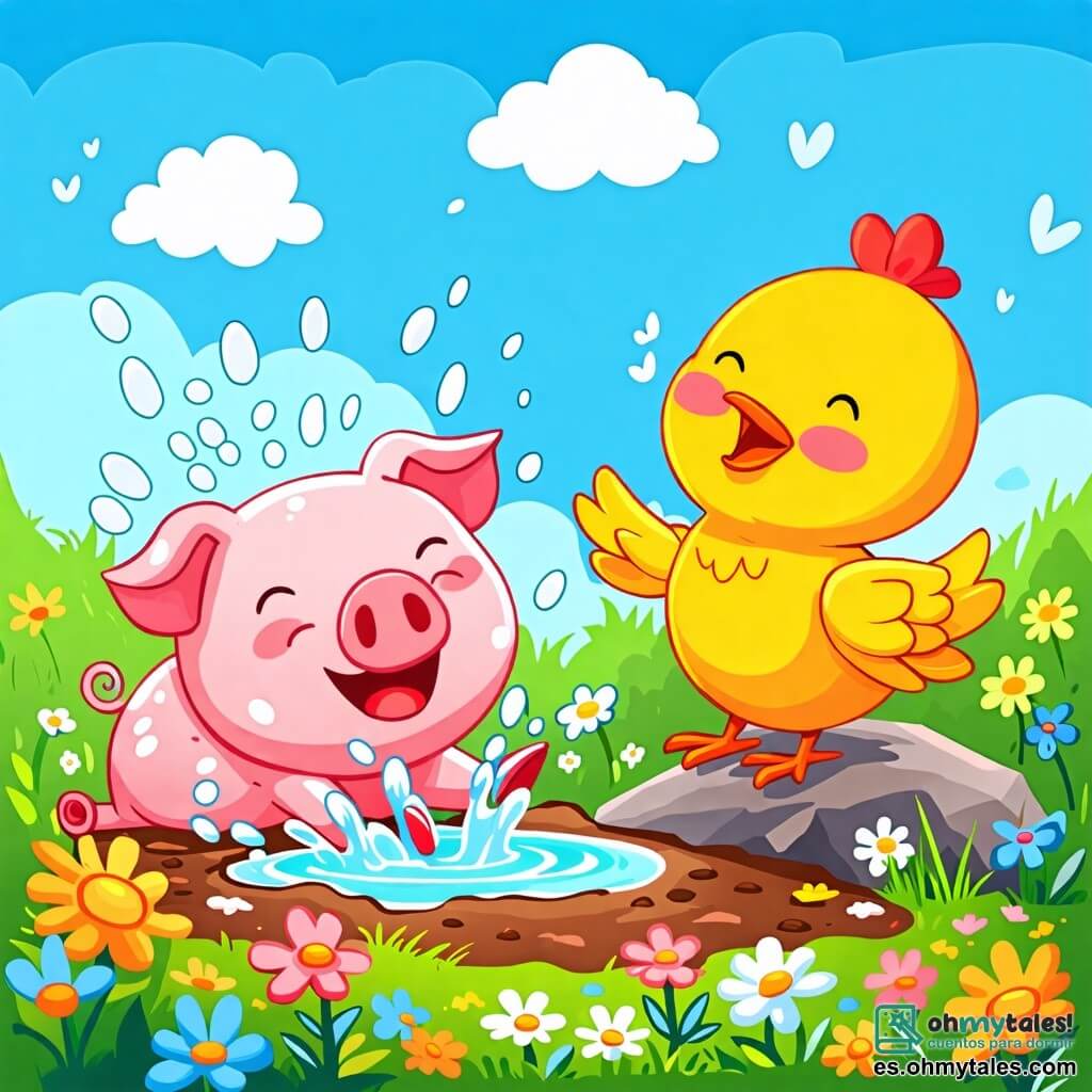 Une illustration sous forme de dessin destinée aux enfants représentant un charmant champ verdoyant parsemé de fleurs colorées, où un petit cochon rose avec des taches blanches, joyeusement allongé dans un grand char de boue, éclabousse de l'eau tout en riant, tandis qu'une gallinette jaune aux plumes brillantes, perchée sur une pierre, applaudit et rit de bon cœur, créant une scène pleine de joie et de camaraderie animale.