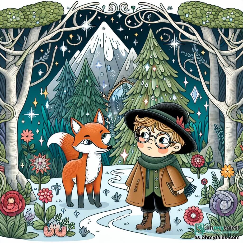 Une illustration destinée aux enfants représentant un petit garçon curieux se retrouvant dans un mystérieux bosque enchanté en compagnie d'un sage renard aux lunettes rondes et chapeau élégant, entourés de grands arbres aux fleurs brillantes et d'une montagne parsemée de miroirs réfléchissants, dans un monde où le temps semble s'écouler à son propre rythme.