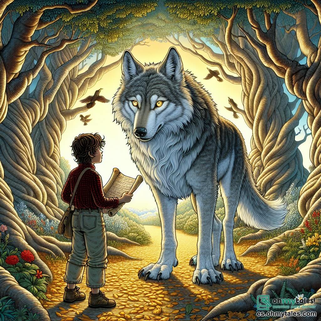 Ilustración que representa un claroscuro en el corazón de un bosque encantado, donde grandes árboles con troncos retorcidos se elevan hacia un cielo salpicado de nubes esponjosas. La luz del sol se filtra a través de las hojas, creando juegos de sombra y luz en el suelo cubierto de hojas doradas. En el centro de la escena, un niño de 11 años, con el cabello despeinado y ojos brillantes de curiosidad, se encuentra con una expresión decidida. Lleva una camisa de cuadros roja y un pantalón de tela, y sostiene un viejo pergamino en sus manos, mirando hacia un majestuoso lobo de ojos brillantes, que se erige majestuosamente frente a él. El lobo, con su pelaje gris plateado y grandes orejas atentas, irradia una aura de sabiduría y misterio. Parece a la vez imponente y benevolente, como si fuera el guardián de los secretos del bosque. La situación principal muestra al niño frente al lobo, listo para escuchar las historias antiguas que este último tiene para contarle. Elementos gráficos adicionales incluyen flores coloridas esparcidas a su alrededor, pájaros cantando en las ramas y una ligera neblina flotando entre los árboles, añadiendo un toque de magia a toda la escena.