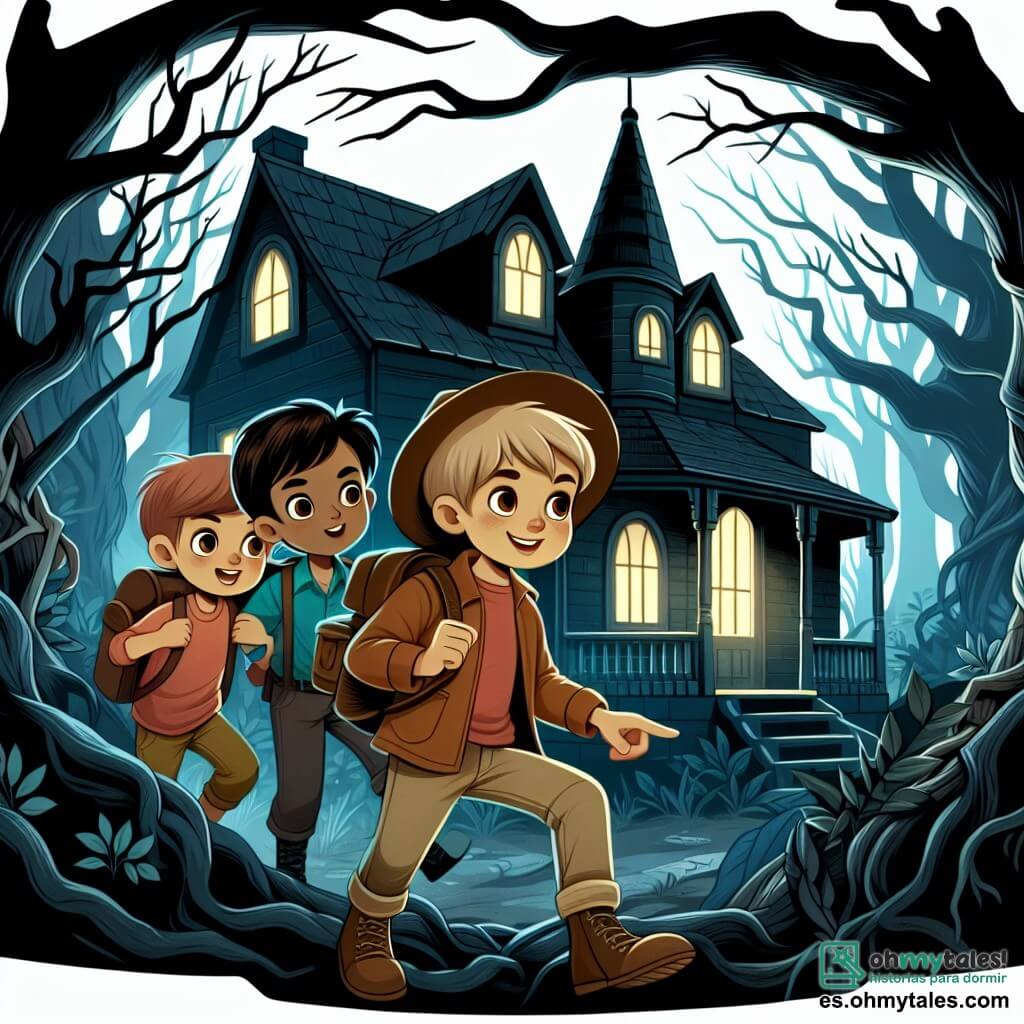 Une illustration destinée aux enfants représentant un jeune garçon intrépide, accompagné de ses amis, explorant une maison abandonnée pleine de mystères, située à l'orée d'une forêt sombre et mystérieuse.
