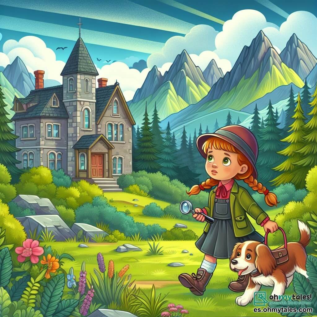 Une illustration destinée aux enfants représentant une petite fille curieuse et intrépide, accompagnée de son fidèle chien détective, explorant une mystérieuse maison abandonnée entourée de montagnes verdoyantes et d'arbres majestueux.
