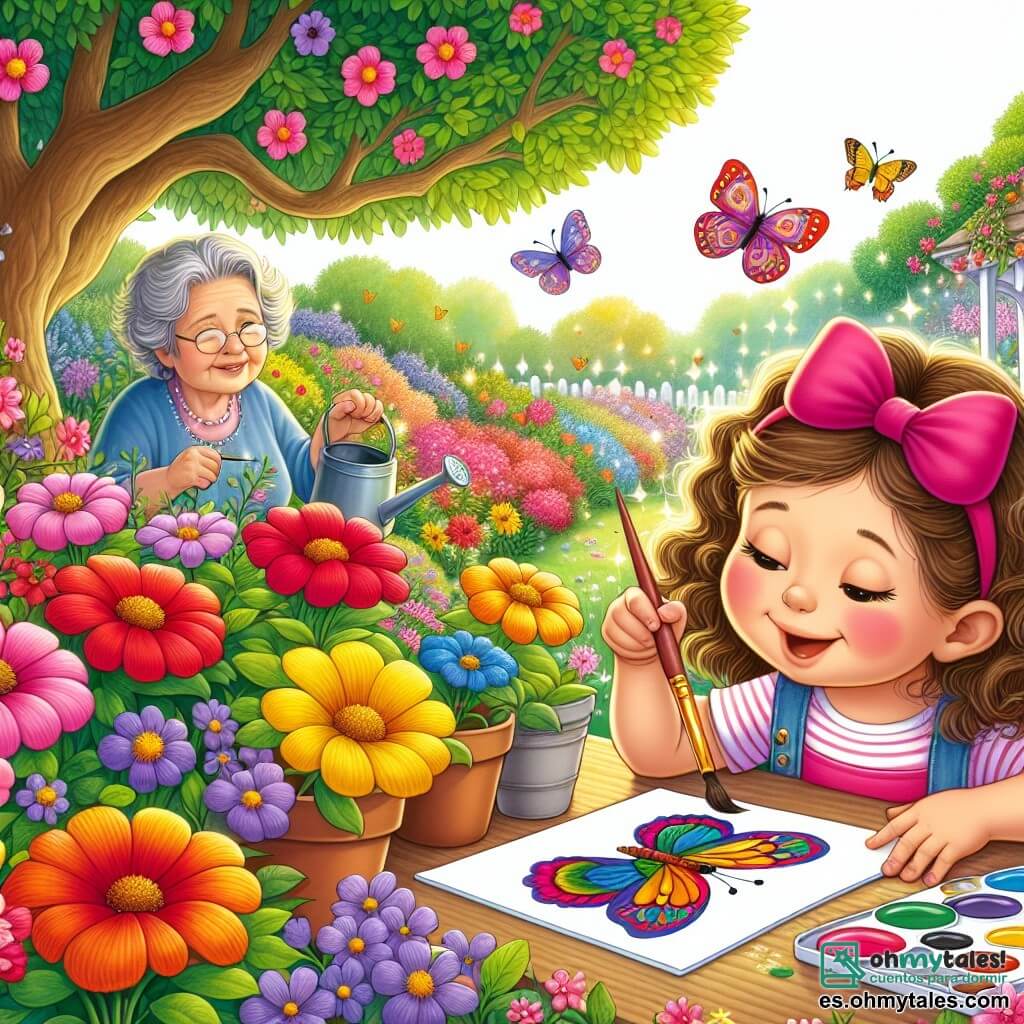 Ilustración que representa un jardín encantador, lleno de flores coloridas con pétalos brillantes de rojo, amarillo y violeta. Majestuosos árboles de hojas verdes bailan suavemente bajo la brisa, mientras mariposas de alas delicadas revolotean alrededor. En el centro, una niña de 3 años, con cabello rizado y un gran moño rosa en la cabeza, está sentada en una mesa de madera. Sostiene un pincel en una mano y mira con asombro una hoja blanca en la que acaba de pintar una mariposa colorida. Su rostro irradia alegría y concentración. Cerca, una mujer mayor, la abuela de la niña, tiene alrededor de 60 años, con cabello gris y una cálida sonrisa. Riega las flores con una regadera, observando a su nieta con orgullo y aliento. La escena captura el momento mágico en que la niña descubre su pasión por la pintura, rodeada de la belleza de la naturaleza y el apoyo de su abuela. Destellos de luz del sol iluminan el jardín, añadiendo un toque de magia a la atmósfera alegre e inspiradora.