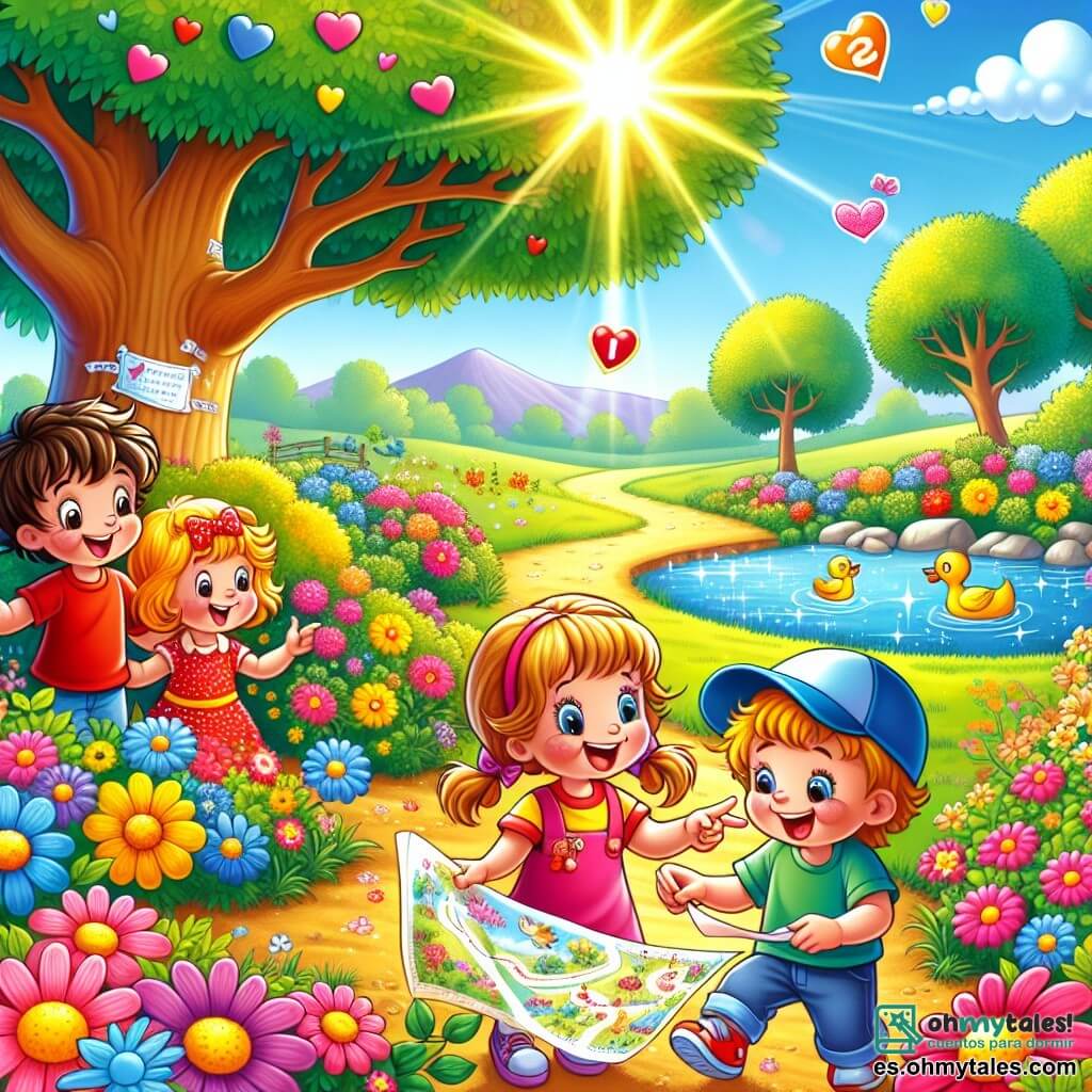 Ilustración que representa un parque soleado y colorido, lleno de flores brillantes en tonos vivos de rosa, amarillo y azul. En el centro, un gran árbol majestuoso ofrece sombra, mientras que un estanque brilla bajo el sol, con patos nadando pacíficamente. Tres niños están en primer plano: un niño de unos 8 años, con cabello castaño desordenado y una camiseta roja, que sonríe alegremente sosteniendo un mapa del tesoro. A su lado, una niña de 7 años, con trenzas rubias y un bonito lazo rosa en el cabello, que señala una pista oculta detrás de una flor. Otro niño, de aproximadamente 9 años, con una gorra azul y una sonrisa radiante, observa atentamente una nota que acaba de encontrar. La escena principal muestra a los niños en plena búsqueda de un tesoro, rodeados de risas y emoción, con corazones y dibujos coloridos flotando a su alrededor, simbolizando la amistad y la alegría de celebrar juntos el Día de San Valentín. Pequeños detalles como caramelos en forma de corazón y tarjetas con mensajes de amistad están esparcidos por el suelo, añadiendo un toque festivo a la ilustración.