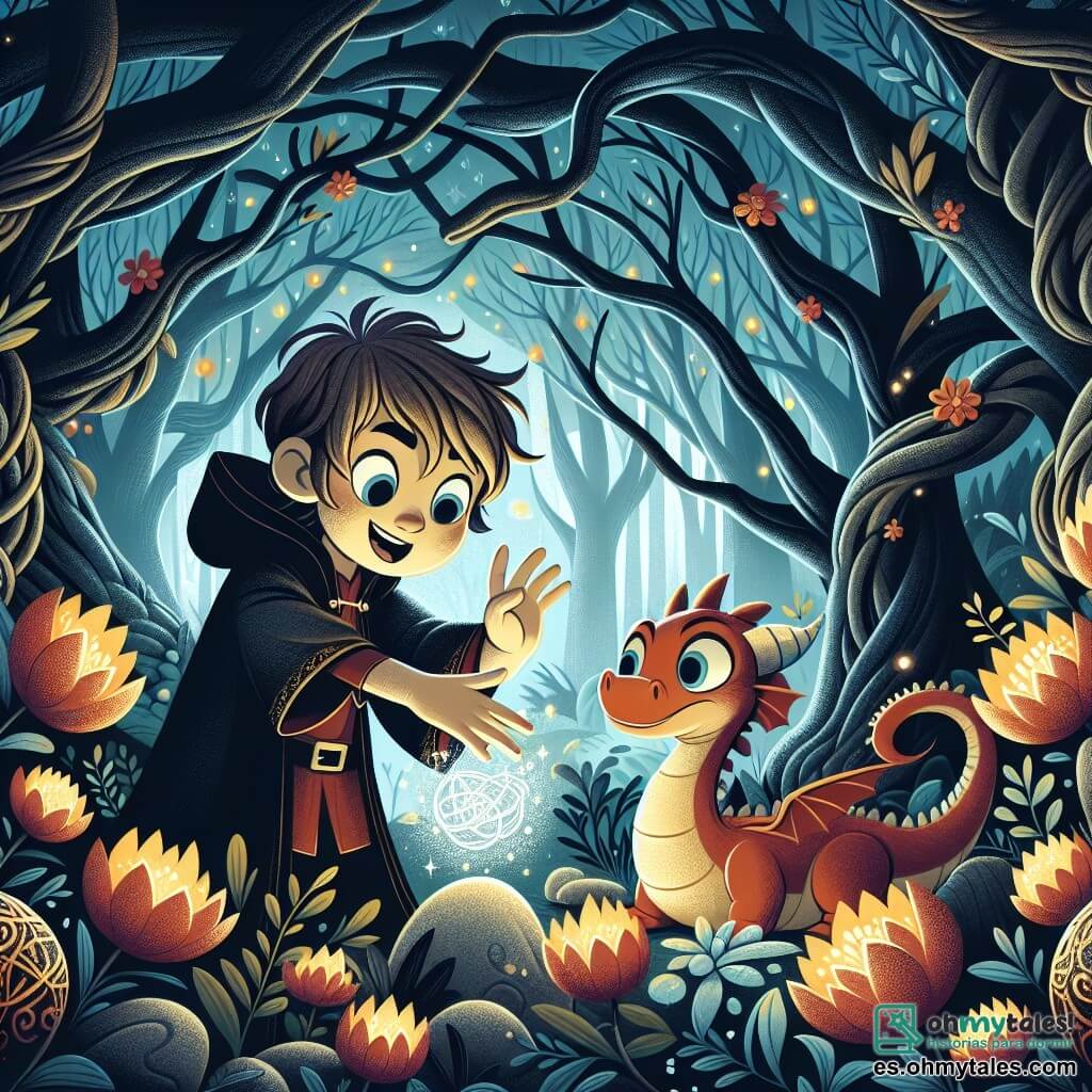 Une illustration destinée aux enfants représentant un jeune apprenti sorcier, un petit dragon malicieux, évoluant dans une forêt enchantée aux arbres tordus et aux fleurs lumineuses, dans une ambiance féérique et mystérieuse.