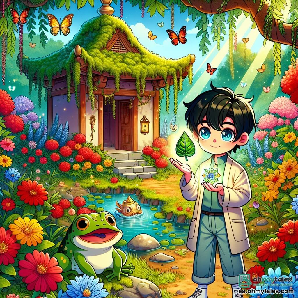 Ilustración que representa un jardín encantado, lleno de flores brillantes en colores vivos: rojas, amarillas y azules, con un pequeño templo antiguo cubierto de musgo en el centro. Un joven de unos diecisiete años, con cabello negro y ojos chispeantes de curiosidad, se encuentra frente al templo, sosteniendo un amuleto en forma de hoja que brilla intensamente. Lleva una chaqueta de algodón ligera y pantalones de tela, y su rostro expresa asombro y determinación. A su lado, un viejo pez de escamas plateadas emerge de un pequeño arroyo, con ojos llenos de sabiduría y gratitud, mientras una rana verde con manchas amarillas se posa sobre una piedra, croando alegremente. La escena muestra al joven listo para ayudar a la naturaleza, rodeado de la energía mágica del jardín, con rayos de sol filtrándose a través de las hojas, creando una atmósfera luminosa y acogedora. Mariposas coloridas vuelan alrededor, añadiendo un toque de vida y magia a esta escena cautivadora.
