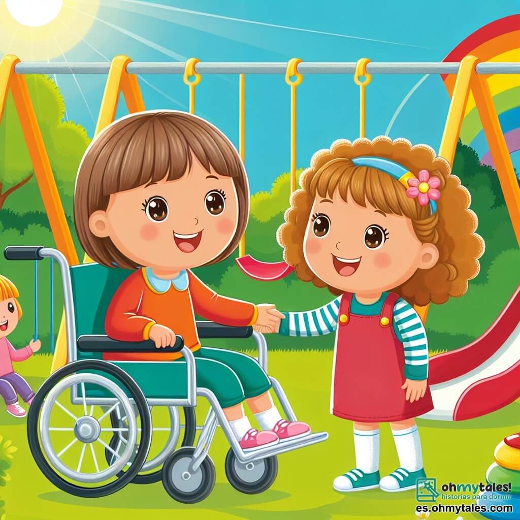 Une illustration destinée aux enfants représentant une fillette souriante en fauteuil roulant, une nouvelle amitié naissante avec une petite fille aux cheveux bouclés, dans un parc ensoleillé avec des balançoires colorées et un toboggan brillant.
