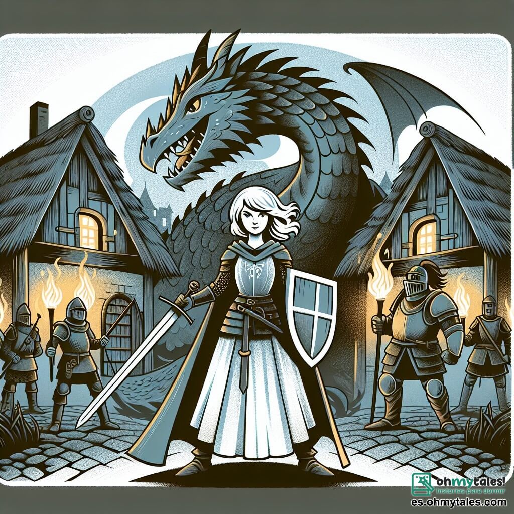 Une illustration destinée aux enfants représentant une chevalière intrépide, une alliance avec un dragon majestueux, dans un village médiéval aux toits de chaume et aux ruelles pavées, éclairé par la lueur des torches.