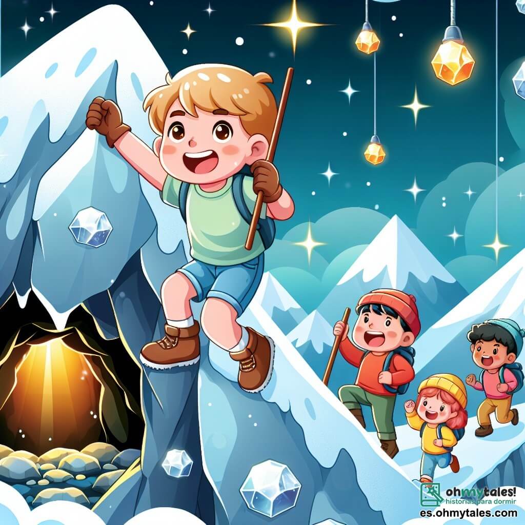 Une illustration destinée aux enfants représentant un petit garçon intrépide, accompagné de ses amis, escaladant une montagne enneigée où se trouve une mystérieuse grotte illuminée par des pierres brillantes.