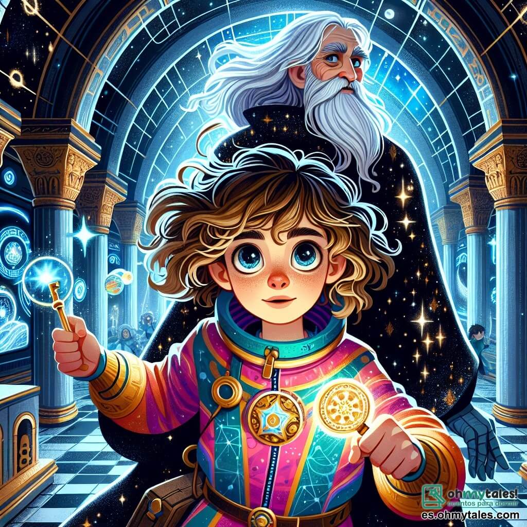 Une illustration sous forme de dessin destinée aux enfants représentant l'intérieur de la magnifique Encrucijada Celestial, une station spatiale ancienne illuminée par des lumières scintillantes et des hologrammes de mondes lointains, où une jeune fille aux cheveux bouclés et aux yeux brillants, vêtue d'une combinaison spatiale colorée, se tient avec détermination en tenant une clé magique dans ses mains, tandis qu'à ses côtés, un vieux sage aux cheveux argentés et à la barbe longue, vêtu d'une robe étoilée, l'observe avec fierté, alors qu'ils se préparent à affronter une ombre menaçante qui se profile à l'horizon, symbolisant le danger qui pèse sur la galaxie.