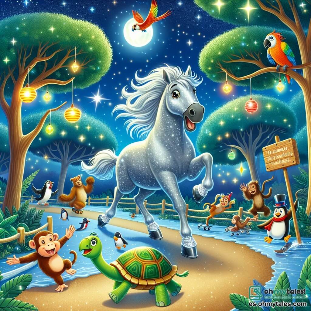 Ilustración que representa un zoo mágico bajo un cielo estrellado, con árboles de hojas brillantes y linternas coloridas colgadas de las ramas. En el centro, un caballo de pelaje plateado, brillante como la luna, corre alegremente por un camino de tierra, con su crin ondeando al viento. A su lado, un loro de plumas llamativas imita sonidos divertidos, mientras que una tortuga de mirada sabia y sonriente avanza lentamente, sosteniendo un pequeño cartel de madera con palabras graciosas. La escena muestra al caballo bailando en el camino, rodeado de otros animales que se divierten, como pingüinos patinando y monos jugando con cocos. Estrellas brillantes iluminan la noche, creando una atmósfera alegre y festiva, llena de risas y amistad.