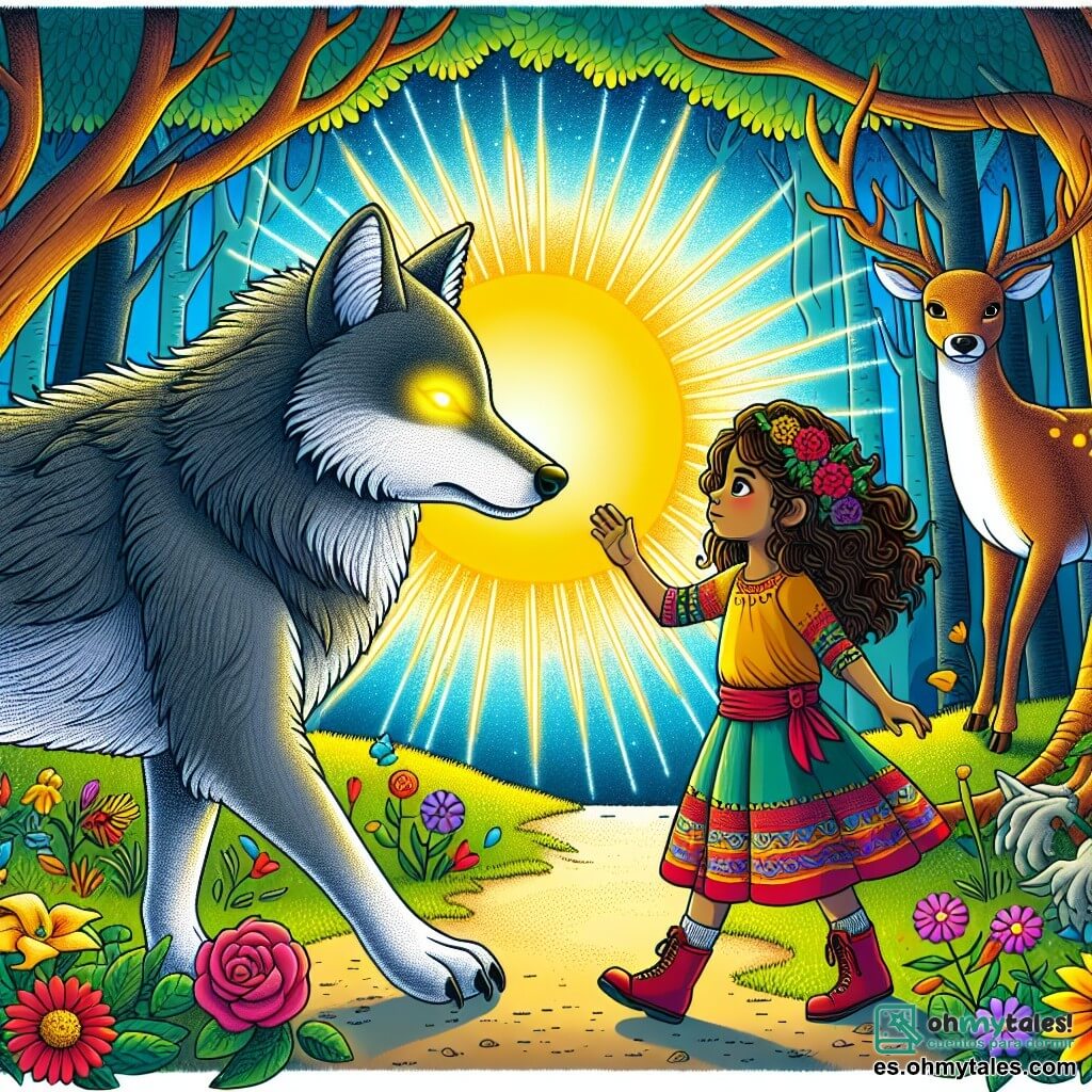 Une illustration sous forme de dessin destinée aux enfants représentant un clair ensoleillé au cœur d'une forêt magique, où une fille de 9 ans aux cheveux bouclés et castaños, vêtue d'une robe colorée, se tient courageusement devant un grand loup au pelage gris, aux yeux jaunes brillants, tandis qu'un élégant cerf aux bois majestueux les observe avec curiosité, capturant le moment où la petite fille tente d'aider le loup à changer, entourée de fleurs colorées et d'arbres aux feuilles dansantes, symbolisant l'espoir et la transformation.