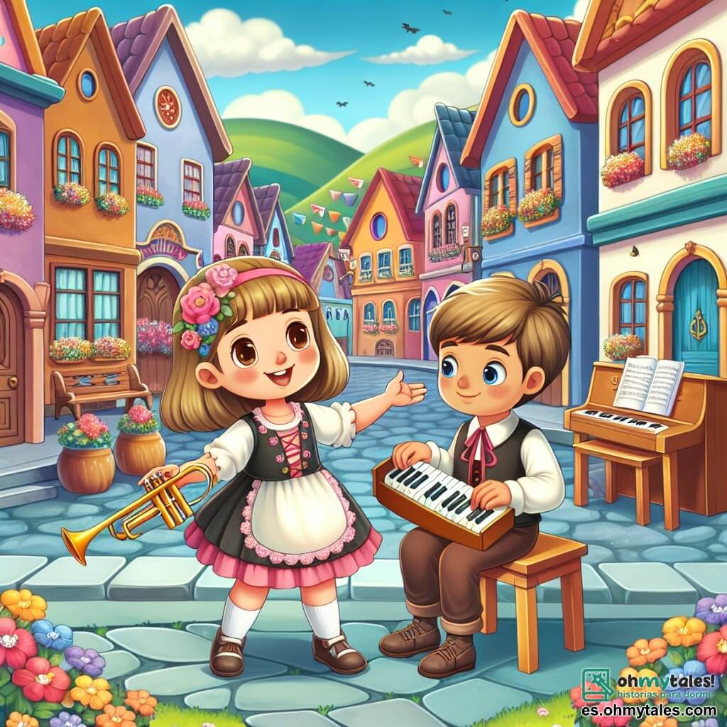 Une illustration destinée aux enfants représentant une jeune fille passionnée de musique qui participe à un concours de talents, accompagnée de sa professeure de chant bienveillante, dans le pittoresque village de Villa Feliz, avec ses maisons colorées et ses rues pavées bordées de fleurs.