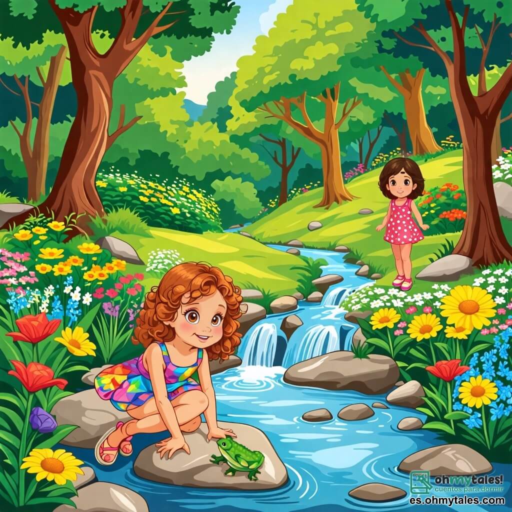 Ilustración que representa un hermoso paisaje de reserva natural, con majestuosos árboles de hojas verdes brillantes, flores coloridas en tonos vivos de amarillo, rojo y azul, y un pequeño arroyo de aguas cristalinas que serpentea suavemente entre las piedras. En primer plano, una niña de 3 años, con grandes ojos brillantes y cabello rizado, lleva un vestido colorido y sandalias. Está agachada, observando con asombro una pequeña rana verde sobre una piedra, con una sonrisa radiante en su rostro. A su lado, otros dos niños, un niño de 4 años con cabello rubio y una niña de 5 años con trenzas castañas, también están cautivados por la escena. El niño sostiene un pequeño balde en sus manos, listo para recoger agua, mientras que la niña señala la rana, compartiendo su entusiasmo. La situación principal muestra a los niños explorando la naturaleza, aprendiendo a respetar y proteger el medio ambiente. Mariposas coloridas vuelan a su alrededor, y los pájaros cantan en los árboles, creando una atmósfera alegre y llena de vida. Herramientas de jardinería, como una pequeña pala y semillas, están esparcidas cerca de ellos, simbolizando su compromiso de plantar árboles y cuidar la naturaleza.