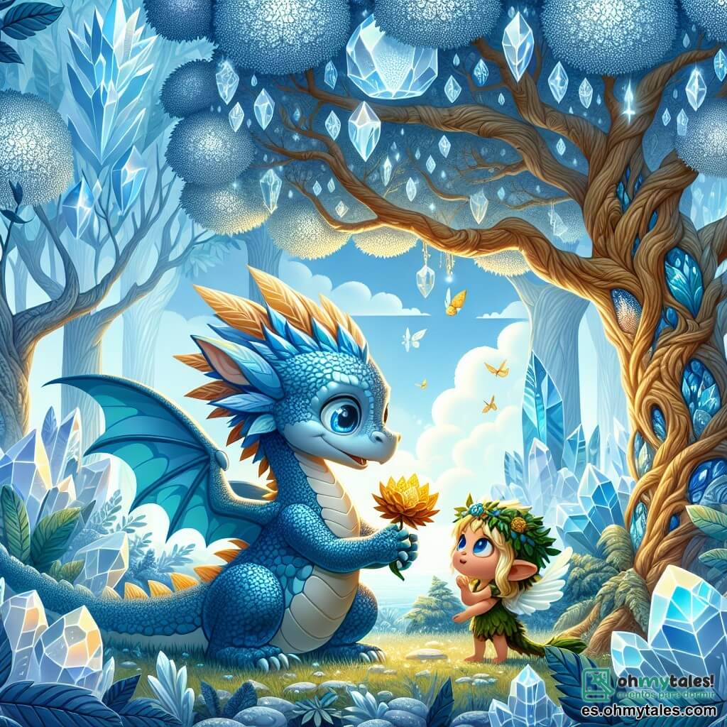 Une illustration sous forme de dessin destinée aux enfants représentant un magnifique Bosque de Cristal, avec des arbres aux feuilles scintillantes comme des miroirs sous un ciel bleu éclatant, où un jeune dragon aux écailles brillantes de couleur bleue, avec des yeux pétillants de curiosité, se tient fièrement devant un grand arbre majestueux, tenant délicatement une fleur dorée dans ses pattes, tandis qu'un petit esprit du bois féminin, aux yeux brillants et au corps couvert de feuilles, l'observe avec admiration, tous deux prêts à sauver leur monde magique d'une menace mystérieuse.