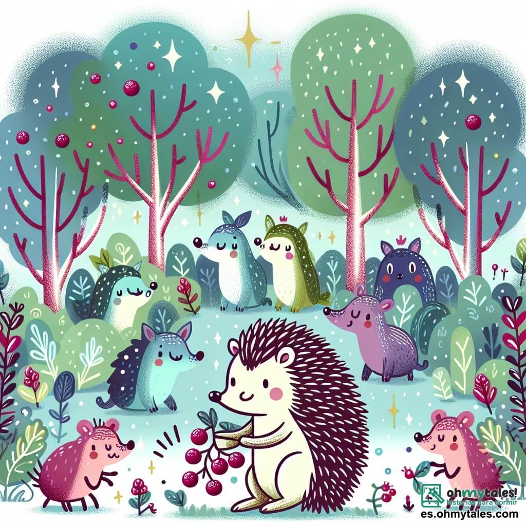Une illustration destinée aux enfants représentant un hérisson curieux et courageux, une ardente recherche de délicieuses baies en compagnie d'un joyeux groupe d'animaux farfelus, dans un bosquet enchanté aux arbres touffus et aux couleurs chatoyantes.