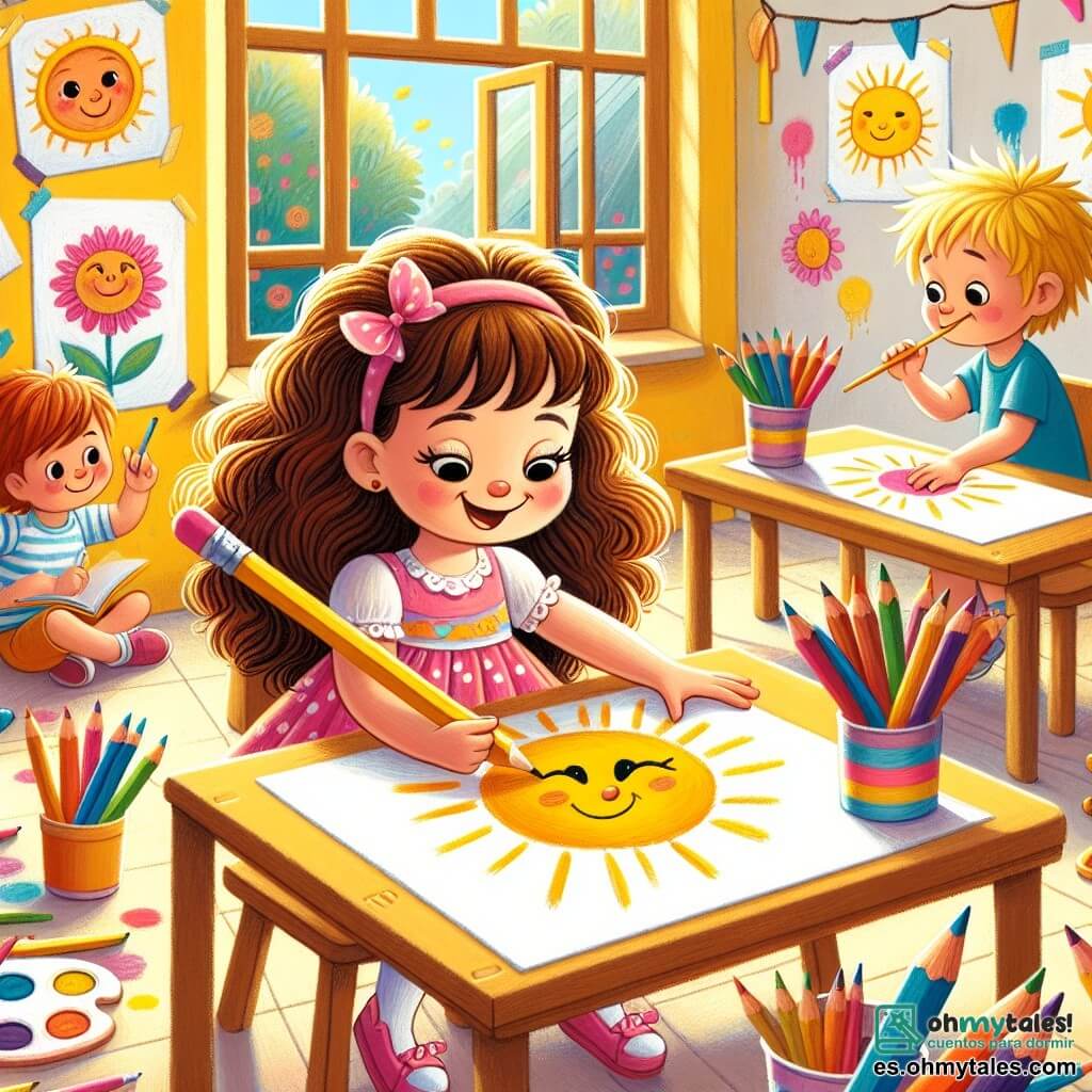 Ilustración que representa un aula colorida, con paredes pintadas de amarillo y ventanas que dejan entrar la luz del sol. En el centro, una gran mesa está cubierta de hojas blancas, lápices de colores brillantes y pinceles. En primer plano, una niña de 3 años, con largos cabellos castaños y rizados, lleva un vestido rosa con lunares blancos. Está sentada en una pequeña silla, concentrada, sosteniendo un lápiz amarillo en su mano. Su rostro expresa determinación y alegría mientras dibuja un gran sol sonriente en su hoja. Junto a ella, un niño de 4 años, con el cabello rubio alborotado y una camiseta azul, observa con admiración su dibujo. Tiene una sonrisa alentadora y sostiene un pincel, listo para pintar su propia obra. La escena muestra a la niña dibujando con pasión, rodeada de compañeros que trabajan en sus propias creaciones. Estallidos de colores vivos, como dibujos de animales y flores, decoran las paredes, creando una atmósfera alegre e inspiradora. Rayos de sol iluminan la habitación, simbolizando la confianza en uno mismo y la creatividad.
