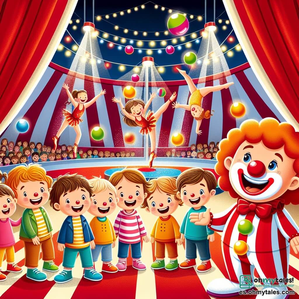 Une illustration sous forme de dessin destinée aux enfants représentant une scène vibrante à l'intérieur d'une grande tente de cirque aux rayures rouges et blanches, où un groupe d'enfants de trois ans, avec des cheveux bouclés et des sourires éclatants, s'émerveille en regardant un clown joyeux avec un grand nez rouge et des chaussures géantes, qui jongle avec des balles colorées, tandis qu'en arrière-plan, des acrobates en costumes scintillants effectuent des pirouettes sous des lumières éclatantes, créant une ambiance magique et festive.