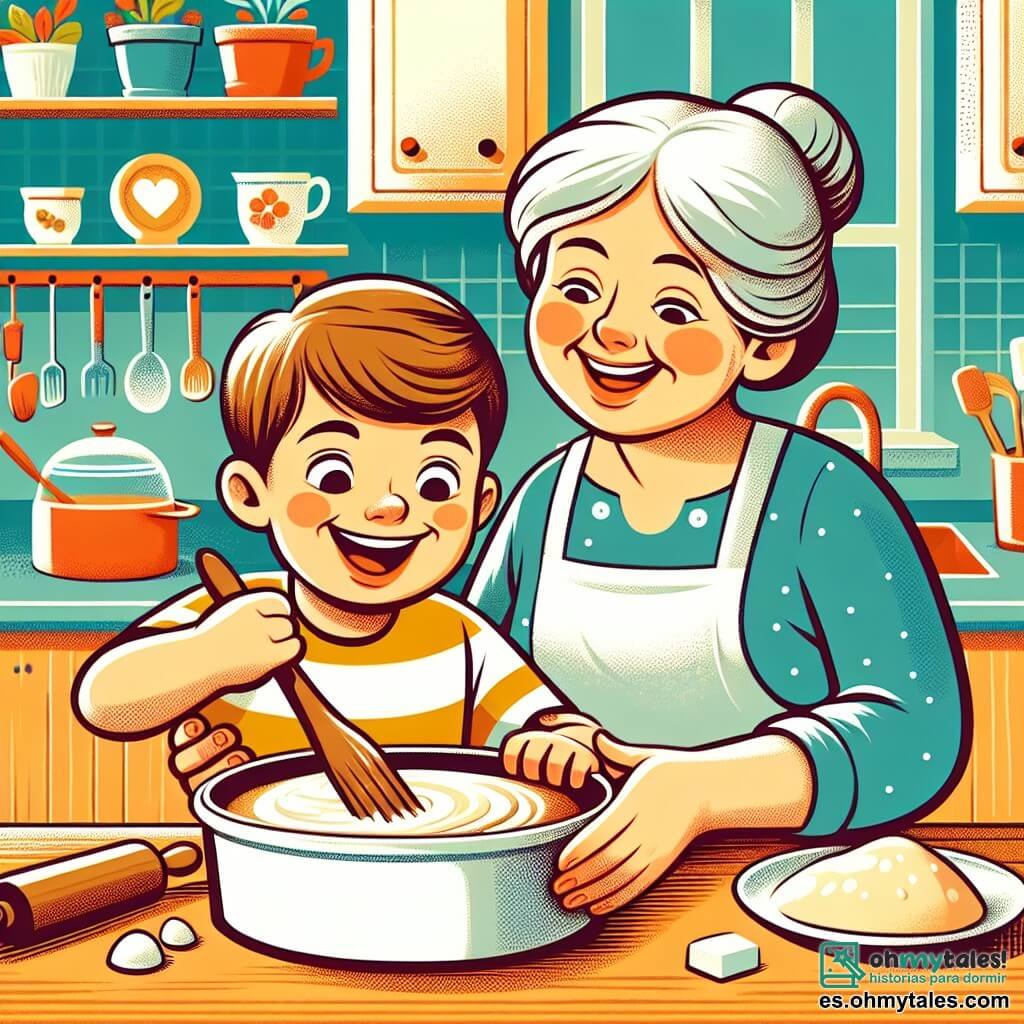 Une illustration destinée aux enfants représentant un garçon joyeux et curieux, faisant un gâteau avec l'aide de sa grand-mère dans une cuisine colorée et animée, pour célébrer la fête des mères.