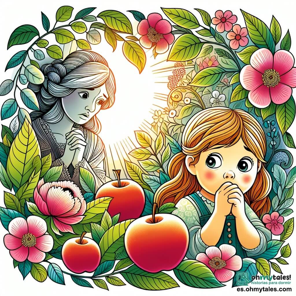 Une illustration destinée aux enfants représentant une petite fille, une pomme cachée sous des feuilles, sa maman inquiète, un magnifique jardin fleuri baigné par les rayons du soleil.