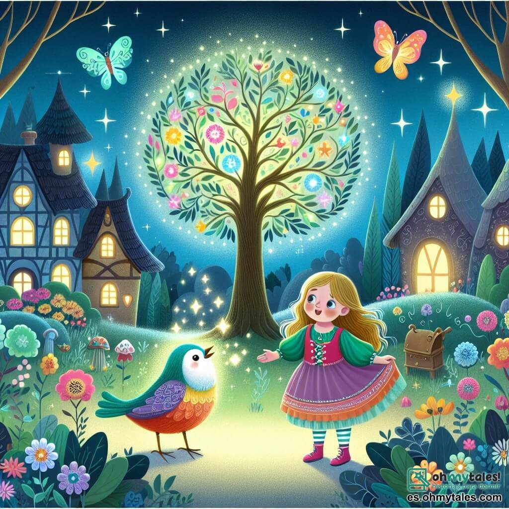 Une illustration destinée aux enfants représentant une fillette curieuse se tenant devant un arbre magique lumineux, accompagnée d'un oiseau coloré et parlant, dans un village enchanté entouré de fleurs et de papillons dansants.