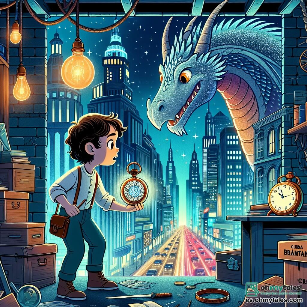 Une illustration destinée aux enfants représentant un garçon curieux découvrant un mystérieux reloj de poche dans un grenier poussiéreux, accompagné d'un dragon majestueux aux écailles scintillantes, dans une ville étincelante aux lumières néon et aux rues animées de voitures, appelée Ciudad Brillante.