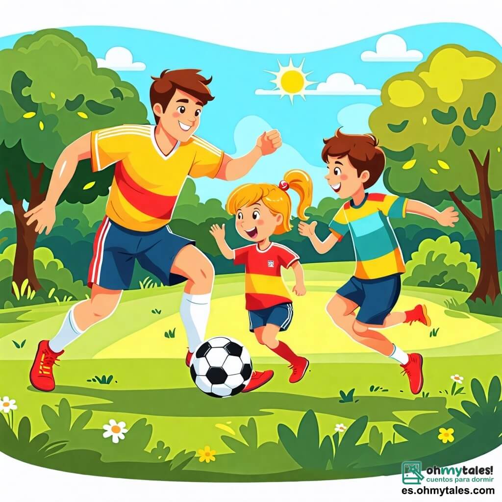 Une illustration sous forme de dessin destinée aux enfants représentant un parc verdoyant ensoleillé avec des arbres en arrière-plan, où un homme athlétique aux cheveux bruns et à la peau claire, portant une brillante tenue de footballeur, montre à une fille joyeuse aux cheveux blonds et à la peau claire comment frapper un ballon de football, tandis qu'un garçon aux cheveux châtains et à la peau mate, vêtu d'un t-shirt coloré, applaudit avec enthousiasme, capturant l'esprit de camaraderie et de joie du jeu.