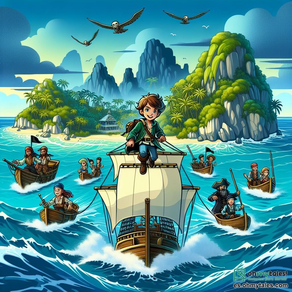 Une illustration destinée aux enfants représentant un jeune garçon intrépide, entouré de sa fidèle bande de pirates, voguant sur un navire majestueux à travers les eaux turquoise et les îles verdoyantes de la mer des Caraïbes.