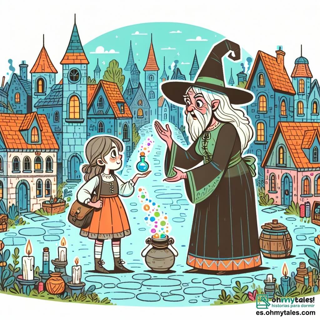 Une illustration destinée aux enfants représentant une jeune apprentie sorcière, une sorcière excentrique et un petit village encantado aux maisons colorées et aux rues pavées de pierres magiques.