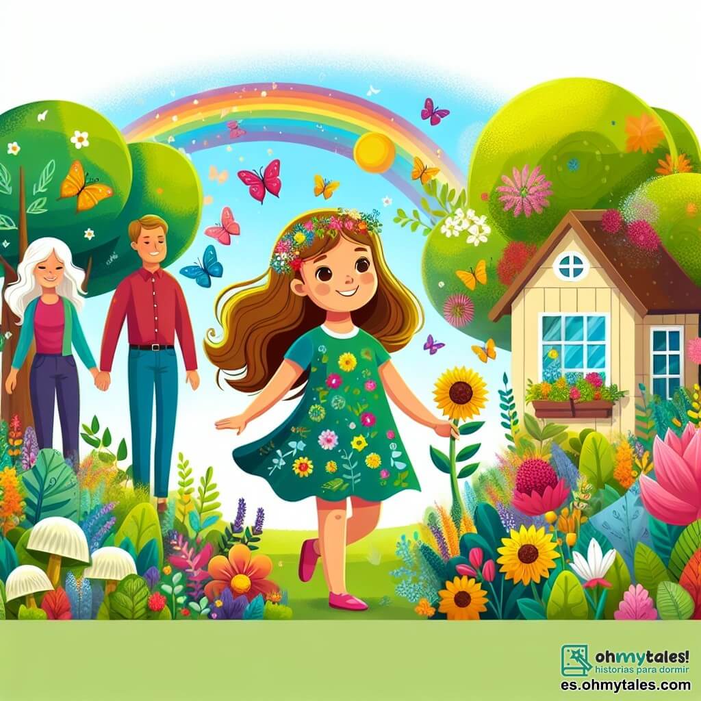 Une illustration destinée aux enfants représentant une jeune fille pleine de vie, passionnée par la nature, qui transforme sa maison en un havre écologique avec l'aide de ses parents, entourée d'un jardin luxuriant aux couleurs chatoyantes de fleurs et d'arbres.