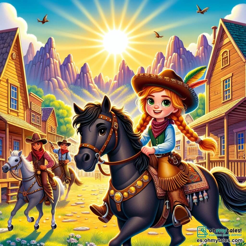 Une illustration sous forme de dessin destinée aux enfants représentant un village de cow-boys ensoleillé, avec des maisons en bois et des montagnes en arrière-plan, où une jeune cow-girl courageuse, aux cheveux châtains tressés et portant un sombrero orné d'une plume colorée, monte fièrement son cheval noir, tandis qu'à ses côtés, sa meilleure amie, une fille aux cheveux blonds et bouclés, l'encourage avec un sourire, alors qu'elles se préparent à affronter un groupe de bandits malicieux qui tentent de voler un précieux trophée en or, créant une atmosphère d'aventure et de camaraderie.