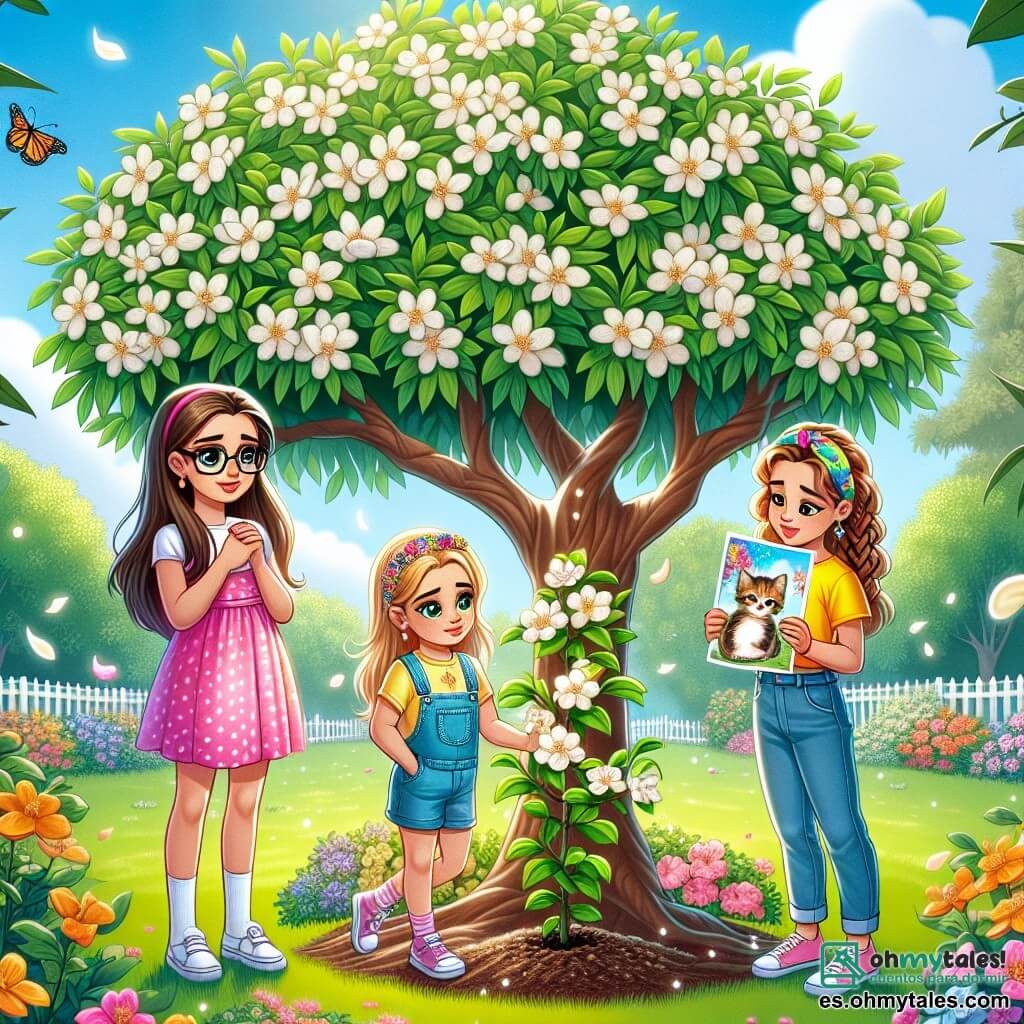 Ilustración que representa un parque soleado, con un gran manzano de ramas extendidas, sus hojas verdes vibrantes y sus flores blancas brillantes. Al pie del árbol, un pequeño arbusto recién plantado simboliza la memoria de un amigo perdido. Tres niñas se encuentran alrededor del árbol: una de 8 años, con largos cabellos castaños y gafas, lleva un vestido rosa con lunares blancos y sonríe suavemente mientras sostiene una foto de un gatito. La segunda, de 9 años, con trenzas rubias, viste una camiseta amarilla y un short de mezclilla, mira al suelo con una expresión pensativa. La tercera, de 8 años, con cabello rizado y una diadema colorida, lleva una falda azul y sostiene una carta en sus manos, con los ojos brillantes de lágrimas pero con una sonrisa tierna. Las niñas están reunidas para una ceremonia de despedida, compartiendo recuerdos de un gatito que les trajo mucha alegría. Flores coloridas están dispuestas a su alrededor, y mariposas vuelan en el aire, añadiendo un toque de ligereza a este momento conmovedor. El cielo es azul, salpicado de algunas nubes blancas, creando una atmósfera pacífica y reconfortante.