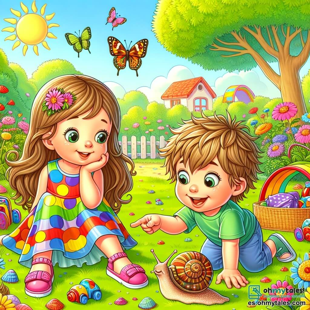 Ilustración que representa un jardín soleado, lleno de flores coloridas y juguetes esparcidos sobre la hierba verde. En el centro, una niña de 3 años, con largos cabellos castaños y ojos brillantes, está agachada, mirando con fascinación un caracol que se mueve lentamente por el suelo. Lleva un vestido de lunares multicolores y sandalias rosas. A su lado, un niño de 4 años, con el cabello rubio desordenado y una sonrisa traviesa, se inclina hacia adelante, señalando el caracol con entusiasmo, como si revelara un secreto mágico. La escena irradia una atmósfera alegre y curiosa, ilustrando el momento en que la niña descubre la idea de un caracol mágico, mientras deja entrever una ligera duda sobre la veracidad de las palabras de su amigo. Mariposas coloridas vuelan a su alrededor, añadiendo un toque de magia a este hermoso día de verano.