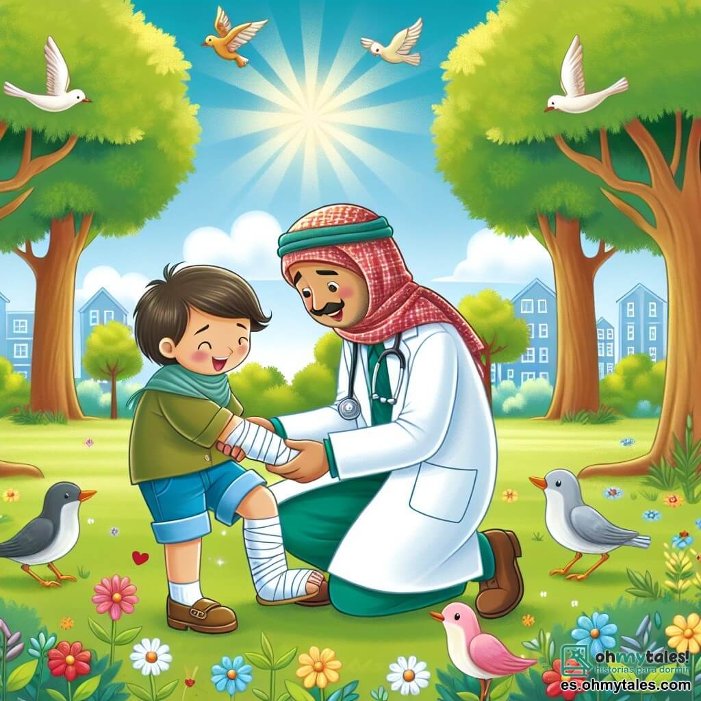 Une illustration destinée aux enfants représentant un jeune médecin bienveillant, aidant un enfant blessé dans un parc ensoleillé, entouré de árboles aux feuilles vert tendre et de fleurs colorées, avec des oiseaux chantant joyeusement.