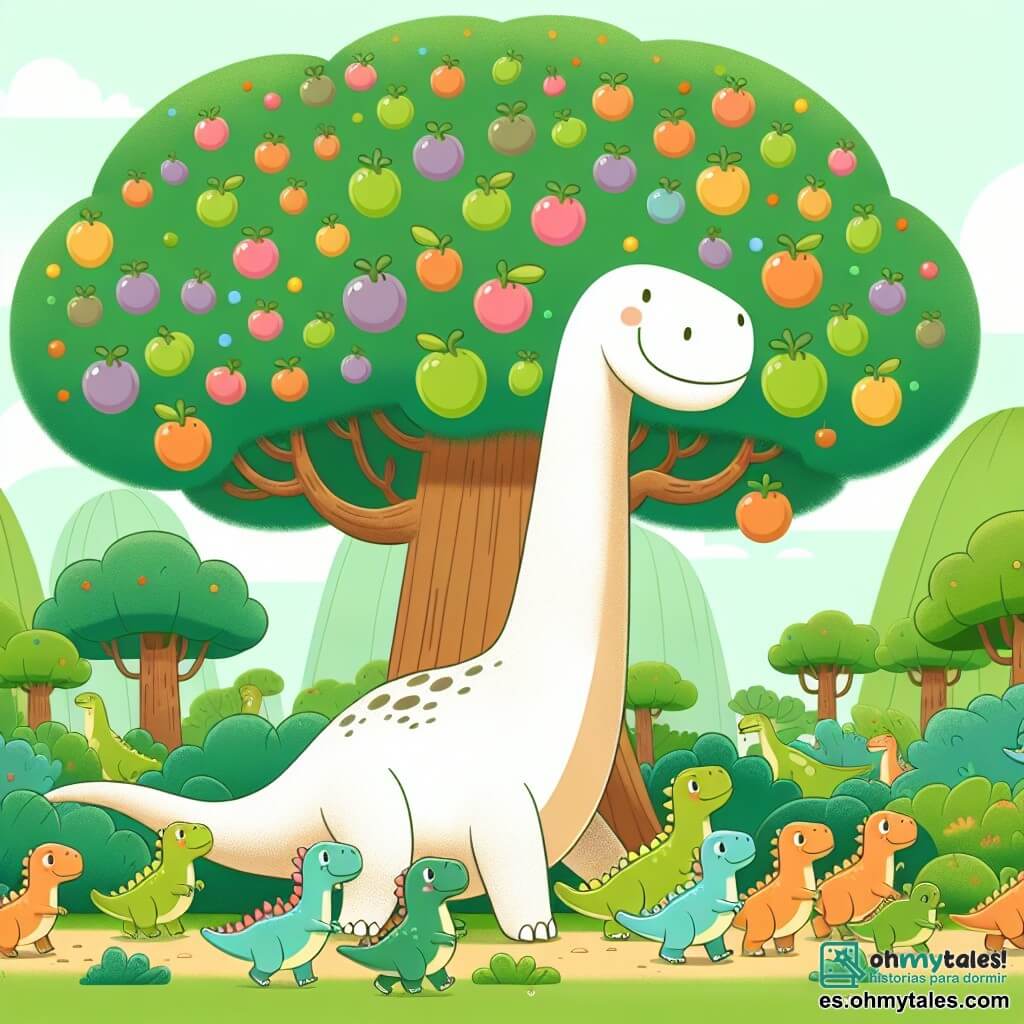 Une illustration destinée aux enfants représentant un grand dinosaure au long cou, se retrouvant avec ses amis pour une quête vers un arbre géant rempli de fruits colorés, dans un magnifique bosque de dinosaures.