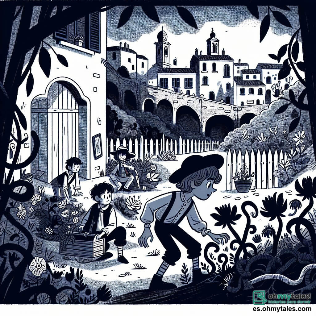 Une illustration destinée aux enfants représentant un jeune garçon curieux et courageux, accompagné de ses amis, explorant un mystérieux jardin abandonné rempli de fleurs marchites et de sombres ombres, dans le petit village de Villa Verde.